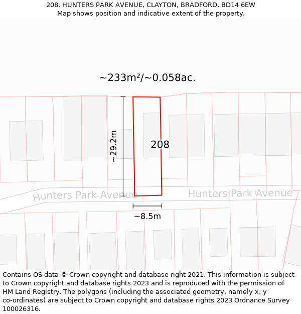 208, HUNTERS PARK AVENUE, CLAYTON, BRADFORD, BD14 6EW: Plot and title map