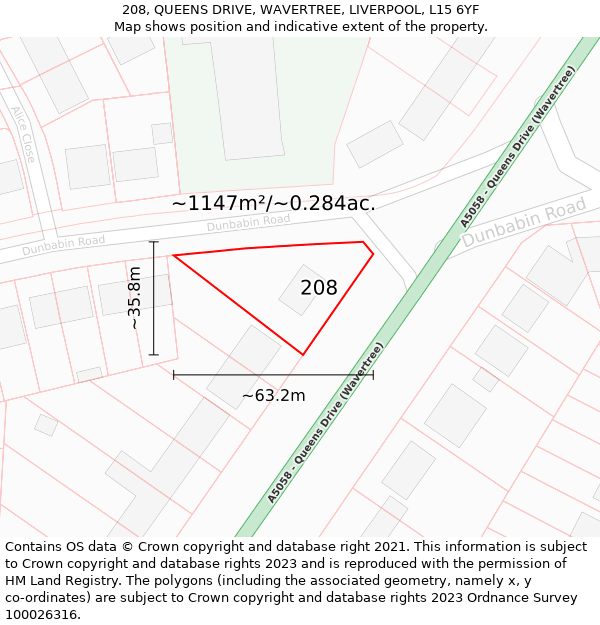 208, QUEENS DRIVE, WAVERTREE, LIVERPOOL, L15 6YF: Plot and title map