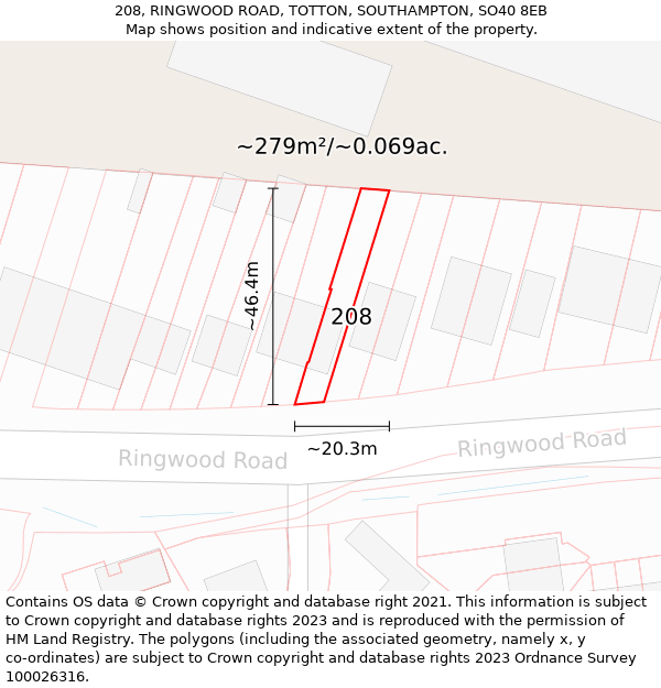 208, RINGWOOD ROAD, TOTTON, SOUTHAMPTON, SO40 8EB: Plot and title map