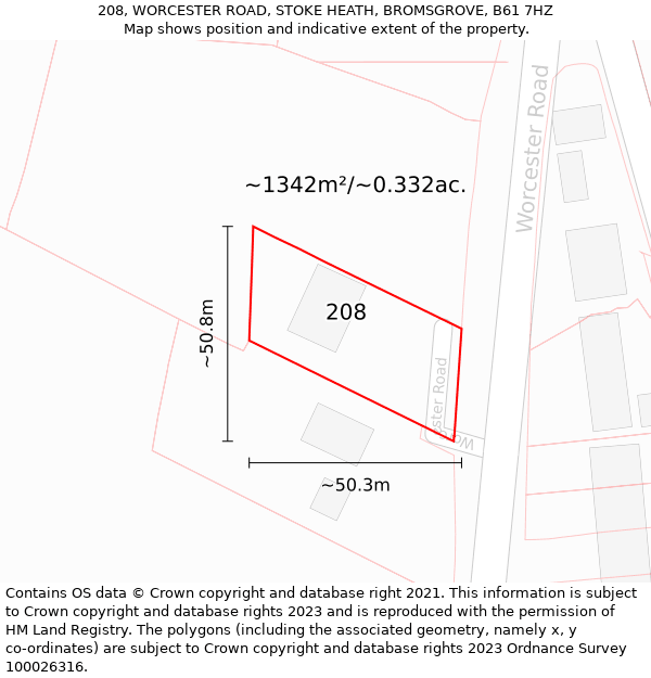 208, WORCESTER ROAD, STOKE HEATH, BROMSGROVE, B61 7HZ: Plot and title map