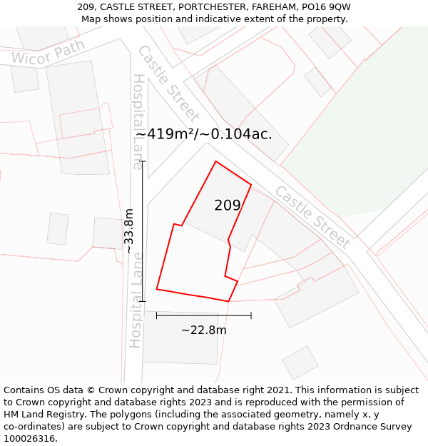 209, CASTLE STREET, PORTCHESTER, FAREHAM, PO16 9QW: Plot and title map