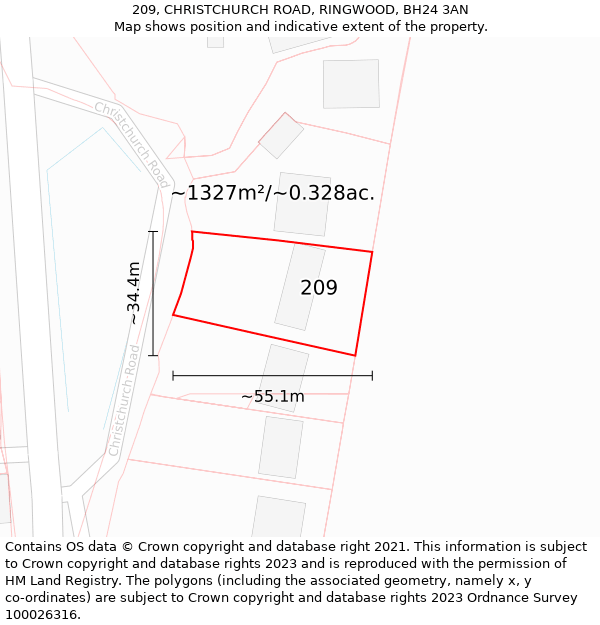 209, CHRISTCHURCH ROAD, RINGWOOD, BH24 3AN: Plot and title map