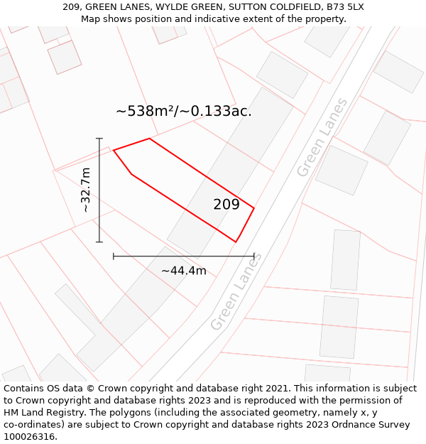 209, GREEN LANES, WYLDE GREEN, SUTTON COLDFIELD, B73 5LX: Plot and title map