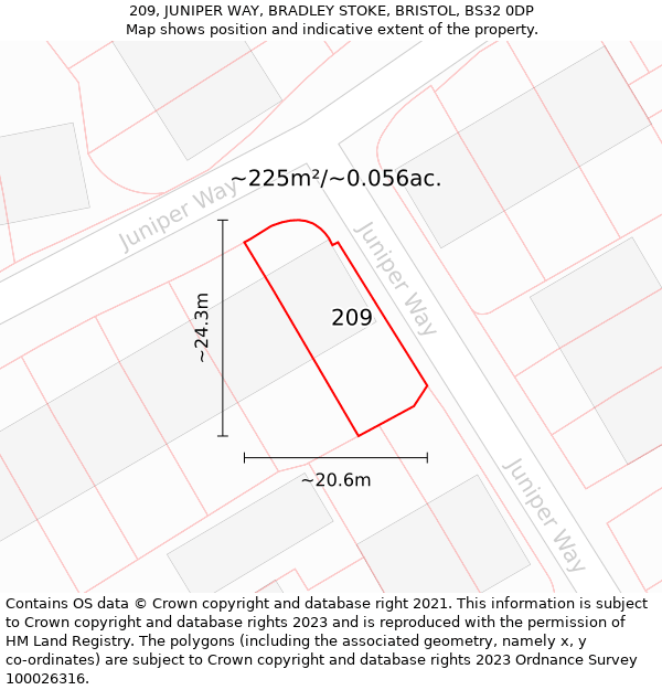 209, JUNIPER WAY, BRADLEY STOKE, BRISTOL, BS32 0DP: Plot and title map
