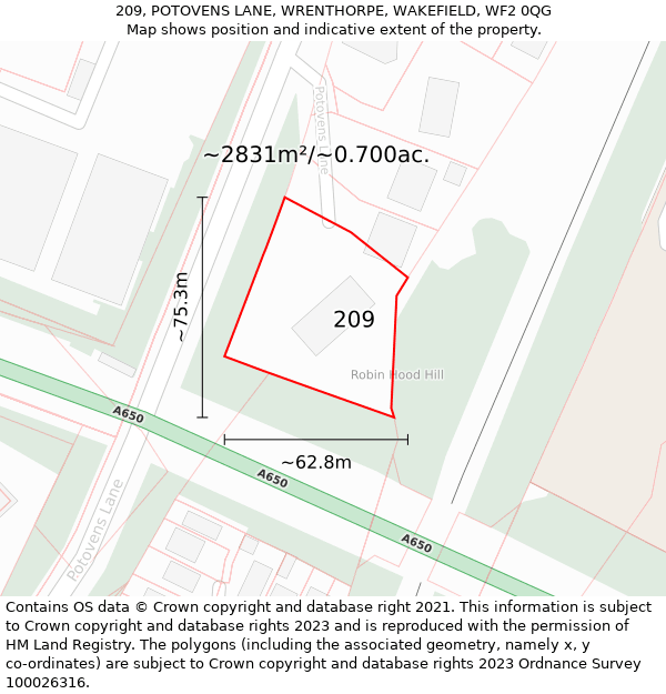 209, POTOVENS LANE, WRENTHORPE, WAKEFIELD, WF2 0QG: Plot and title map