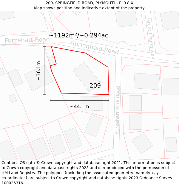 209, SPRINGFIELD ROAD, PLYMOUTH, PL9 8JX: Plot and title map