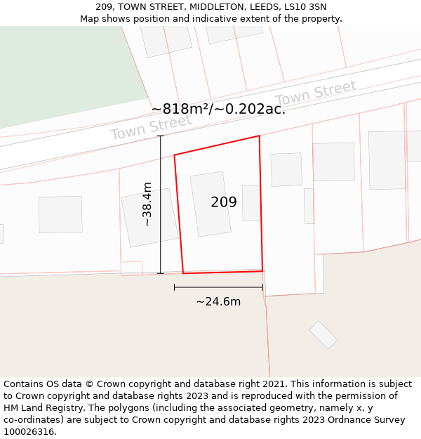 209, TOWN STREET, MIDDLETON, LEEDS, LS10 3SN: Plot and title map