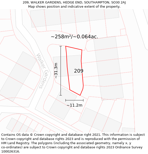 209, WALKER GARDENS, HEDGE END, SOUTHAMPTON, SO30 2AJ: Plot and title map