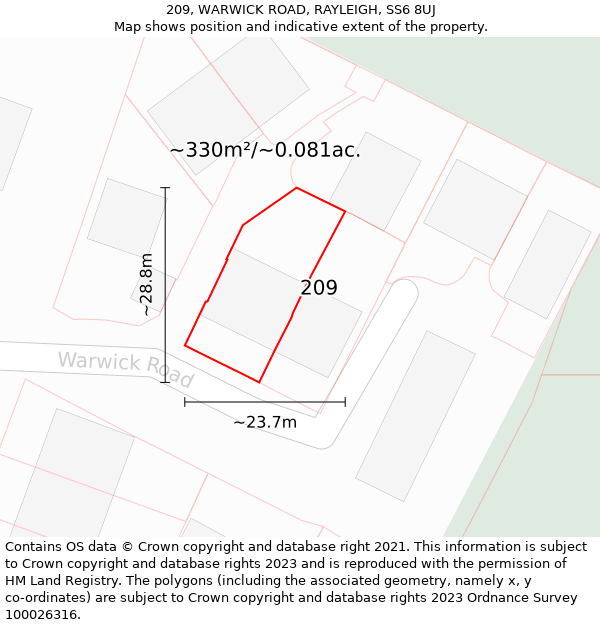 209, WARWICK ROAD, RAYLEIGH, SS6 8UJ: Plot and title map