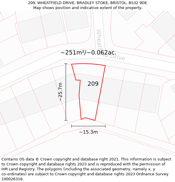 209, WHEATFIELD DRIVE, BRADLEY STOKE, BRISTOL, BS32 9DE: Plot and title map