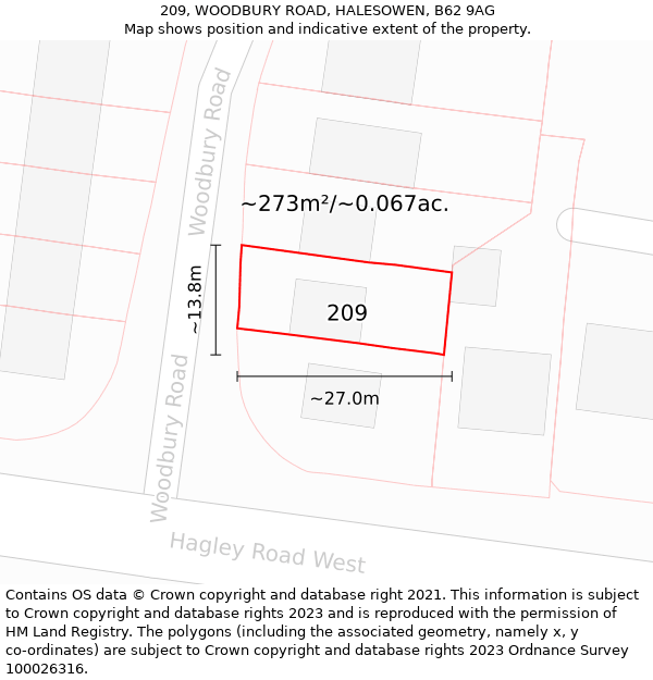 209, WOODBURY ROAD, HALESOWEN, B62 9AG: Plot and title map