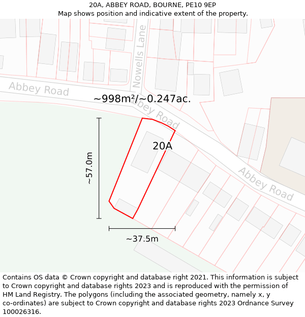 20A, ABBEY ROAD, BOURNE, PE10 9EP: Plot and title map