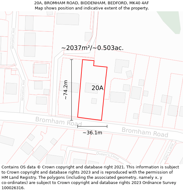 20A, BROMHAM ROAD, BIDDENHAM, BEDFORD, MK40 4AF: Plot and title map