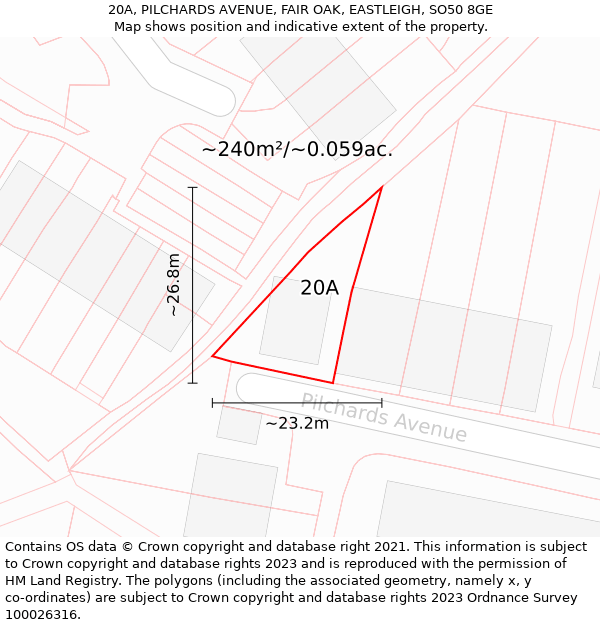 20A, PILCHARDS AVENUE, FAIR OAK, EASTLEIGH, SO50 8GE: Plot and title map