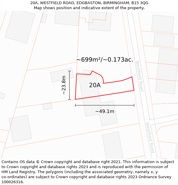 20A, WESTFIELD ROAD, EDGBASTON, BIRMINGHAM, B15 3QG: Plot and title map