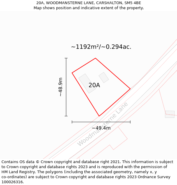 20A, WOODMANSTERNE LANE, CARSHALTON, SM5 4BE: Plot and title map