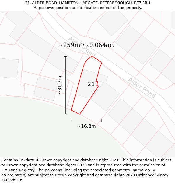 21, ALDER ROAD, HAMPTON HARGATE, PETERBOROUGH, PE7 8BU: Plot and title map