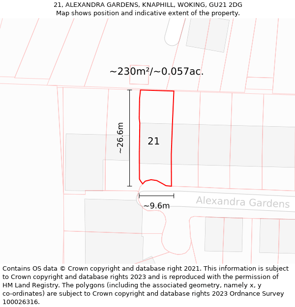 21, ALEXANDRA GARDENS, KNAPHILL, WOKING, GU21 2DG: Plot and title map