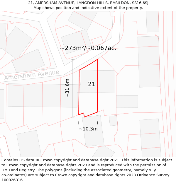 21, AMERSHAM AVENUE, LANGDON HILLS, BASILDON, SS16 6SJ: Plot and title map