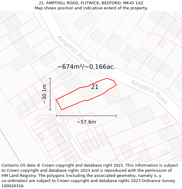 21, AMPTHILL ROAD, FLITWICK, BEDFORD, MK45 1AZ: Plot and title map