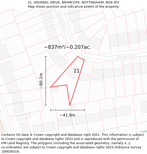 21, ARUNDEL DRIVE, BRAMCOTE, NOTTINGHAM, NG9 3FX: Plot and title map