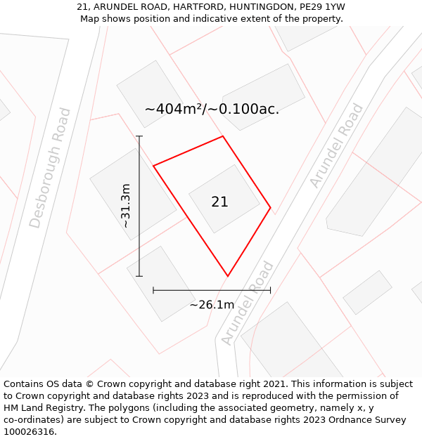 21, ARUNDEL ROAD, HARTFORD, HUNTINGDON, PE29 1YW: Plot and title map