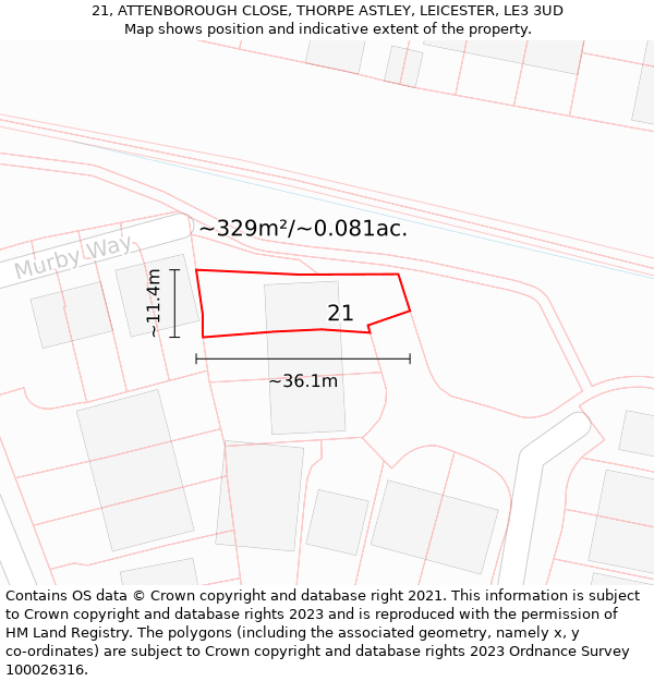 21, ATTENBOROUGH CLOSE, THORPE ASTLEY, LEICESTER, LE3 3UD: Plot and title map