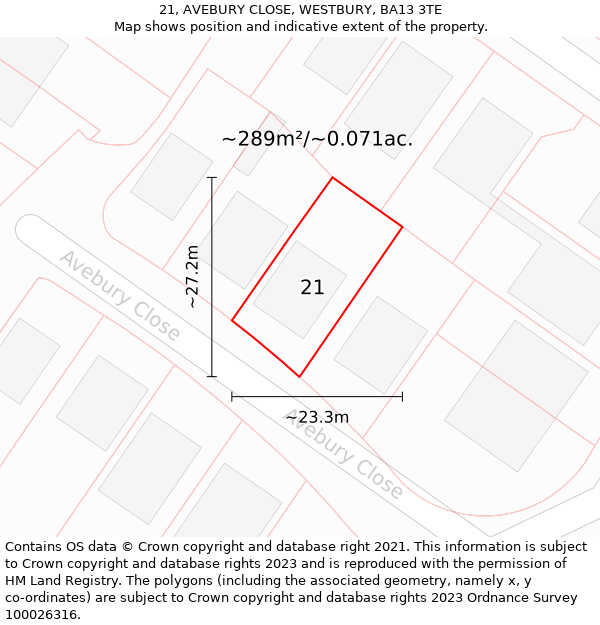 21, AVEBURY CLOSE, WESTBURY, BA13 3TE: Plot and title map