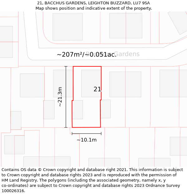 21, BACCHUS GARDENS, LEIGHTON BUZZARD, LU7 9SA: Plot and title map