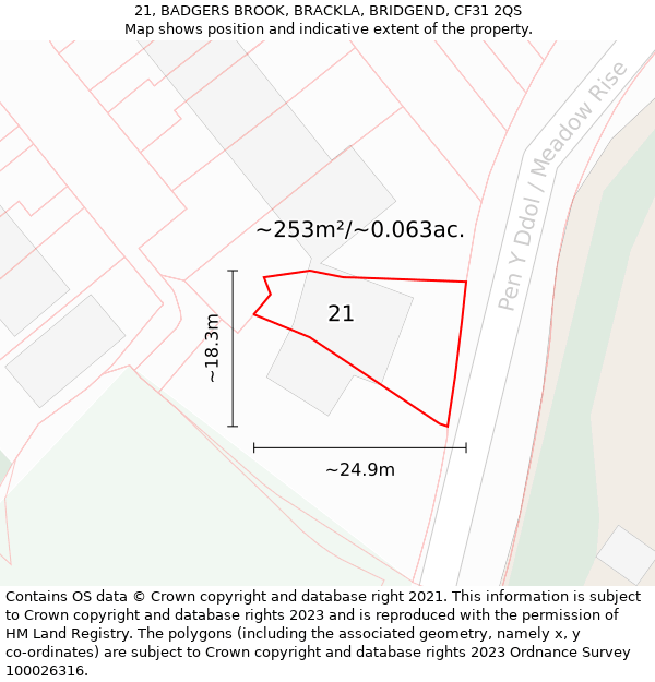 21, BADGERS BROOK, BRACKLA, BRIDGEND, CF31 2QS: Plot and title map