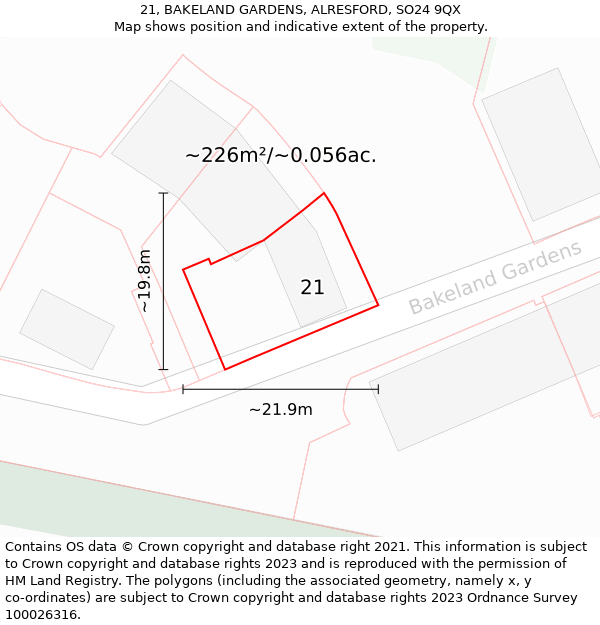 21, BAKELAND GARDENS, ALRESFORD, SO24 9QX: Plot and title map