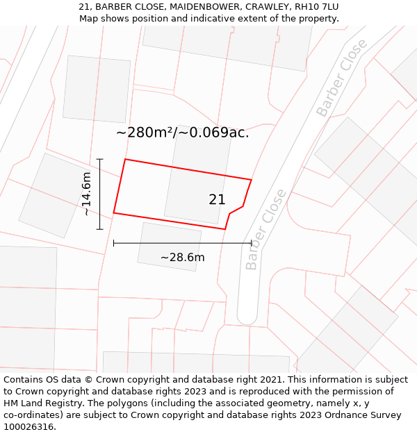 21, BARBER CLOSE, MAIDENBOWER, CRAWLEY, RH10 7LU: Plot and title map