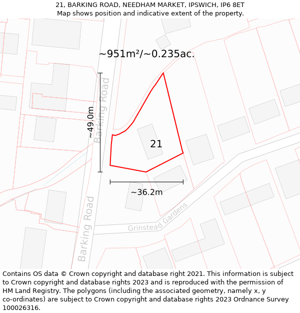 21, BARKING ROAD, NEEDHAM MARKET, IPSWICH, IP6 8ET: Plot and title map