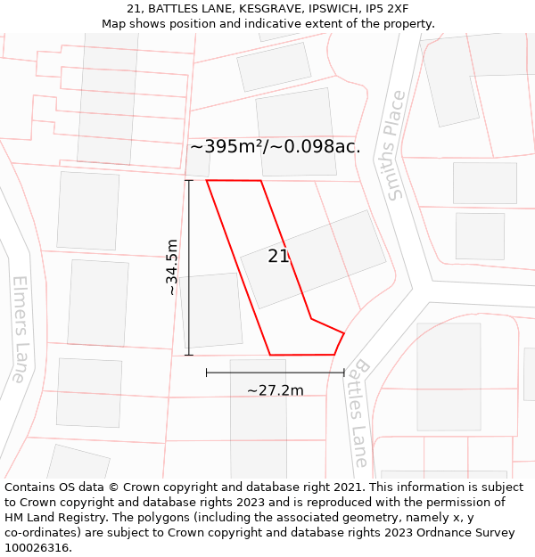 21, BATTLES LANE, KESGRAVE, IPSWICH, IP5 2XF: Plot and title map