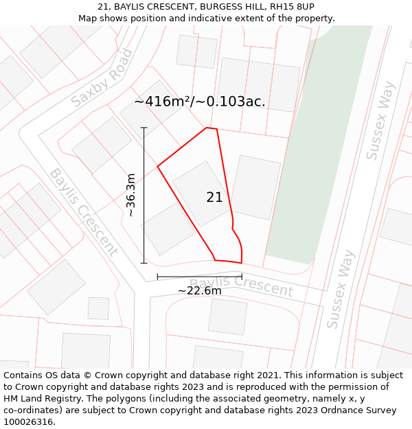 21, BAYLIS CRESCENT, BURGESS HILL, RH15 8UP: Plot and title map