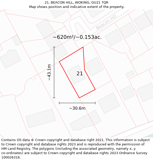 21, BEACON HILL, WOKING, GU21 7QR: Plot and title map