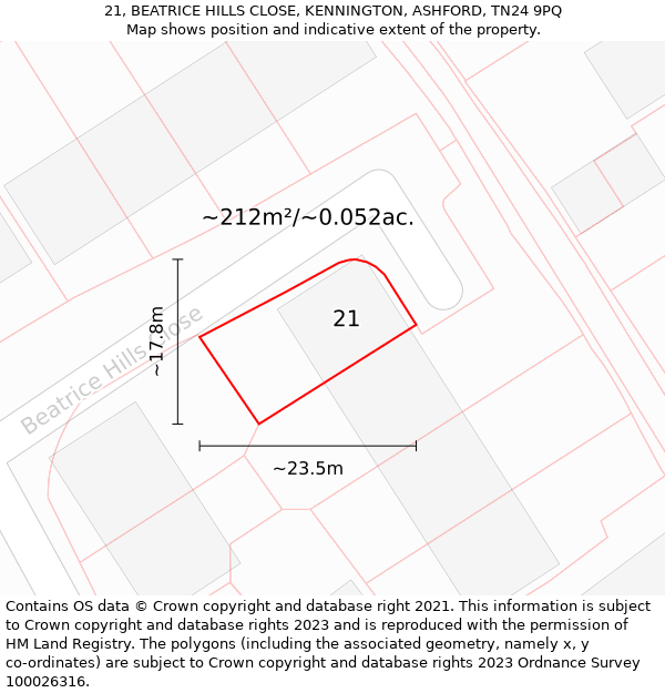 21, BEATRICE HILLS CLOSE, KENNINGTON, ASHFORD, TN24 9PQ: Plot and title map