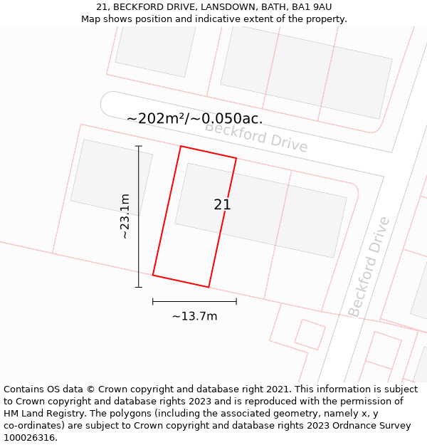 21, BECKFORD DRIVE, LANSDOWN, BATH, BA1 9AU: Plot and title map