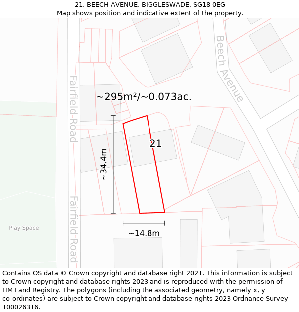 21, BEECH AVENUE, BIGGLESWADE, SG18 0EG: Plot and title map