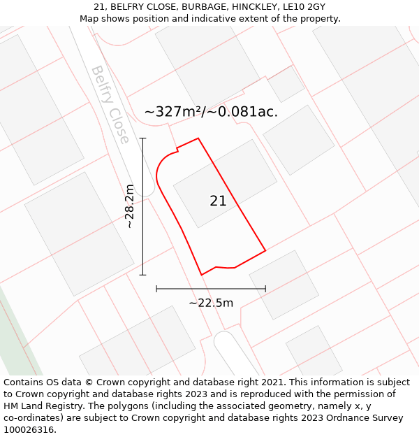 21, BELFRY CLOSE, BURBAGE, HINCKLEY, LE10 2GY: Plot and title map