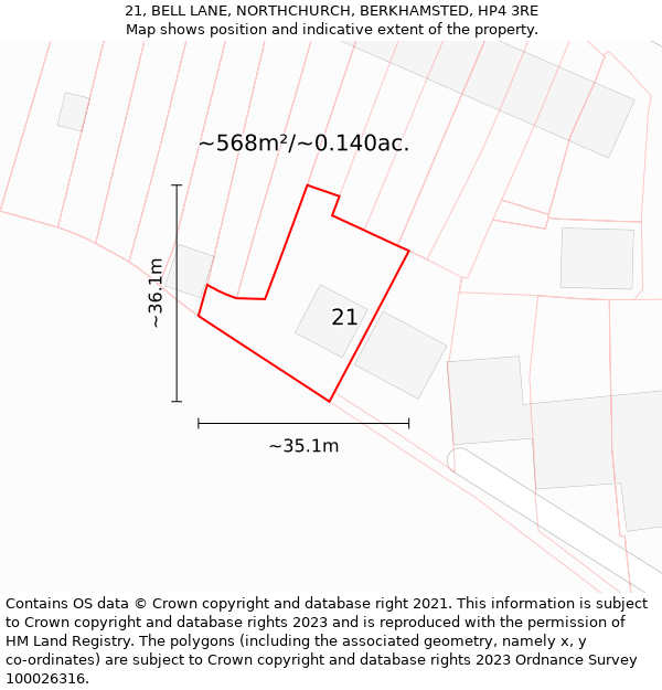 21, BELL LANE, NORTHCHURCH, BERKHAMSTED, HP4 3RE: Plot and title map