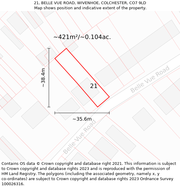 21, BELLE VUE ROAD, WIVENHOE, COLCHESTER, CO7 9LD: Plot and title map