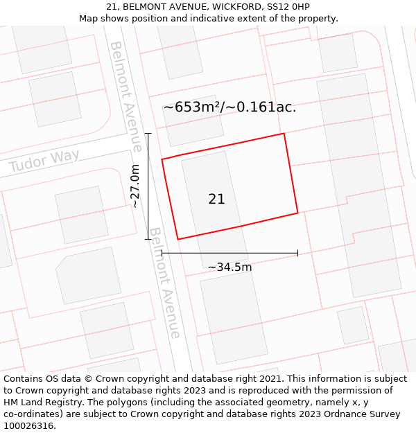 21, BELMONT AVENUE, WICKFORD, SS12 0HP: Plot and title map