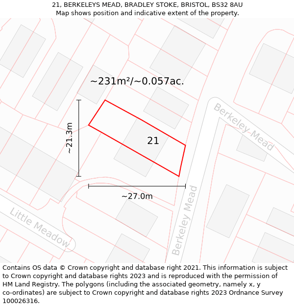 21, BERKELEYS MEAD, BRADLEY STOKE, BRISTOL, BS32 8AU: Plot and title map