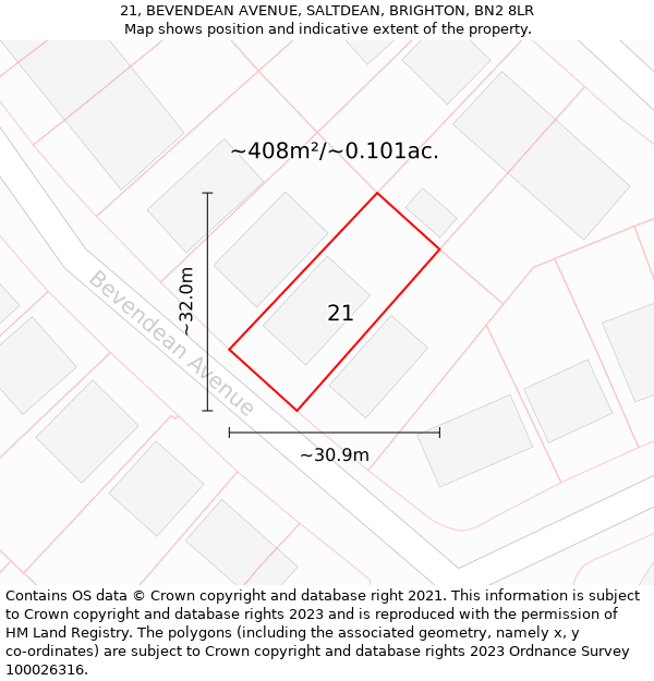 21, BEVENDEAN AVENUE, SALTDEAN, BRIGHTON, BN2 8LR: Plot and title map