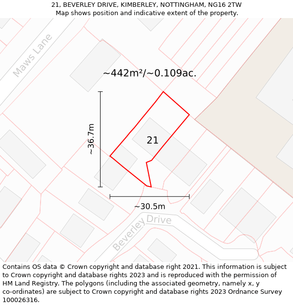 21, BEVERLEY DRIVE, KIMBERLEY, NOTTINGHAM, NG16 2TW: Plot and title map