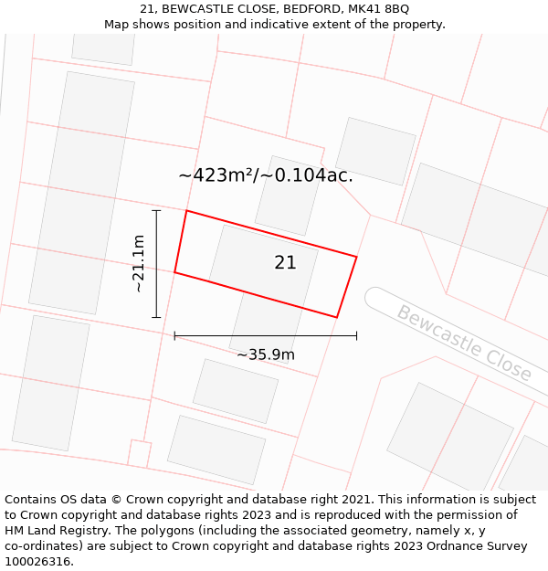 21, BEWCASTLE CLOSE, BEDFORD, MK41 8BQ: Plot and title map