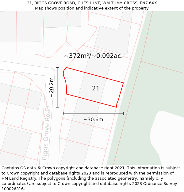 21, BIGGS GROVE ROAD, CHESHUNT, WALTHAM CROSS, EN7 6XX: Plot and title map