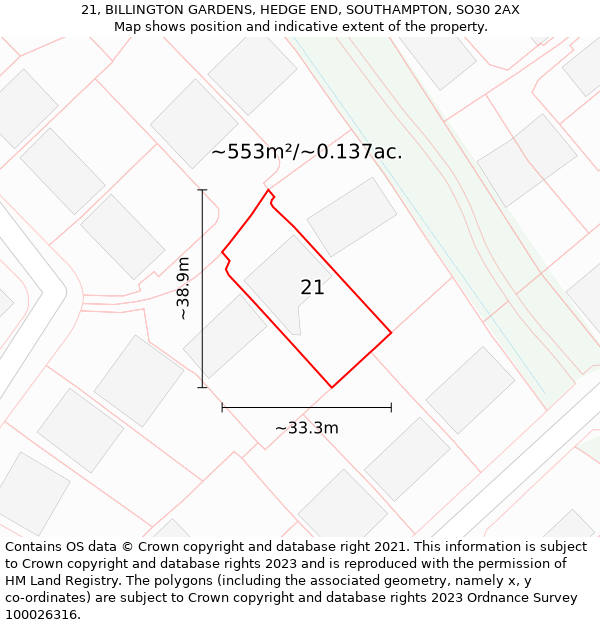 21, BILLINGTON GARDENS, HEDGE END, SOUTHAMPTON, SO30 2AX: Plot and title map