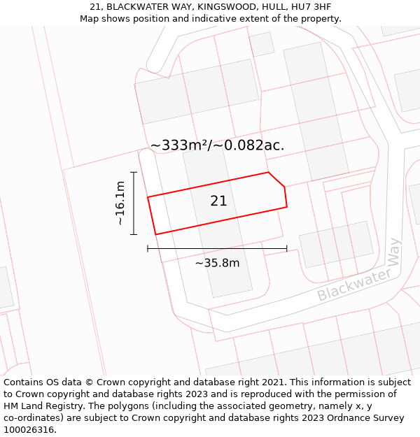 21, BLACKWATER WAY, KINGSWOOD, HULL, HU7 3HF: Plot and title map